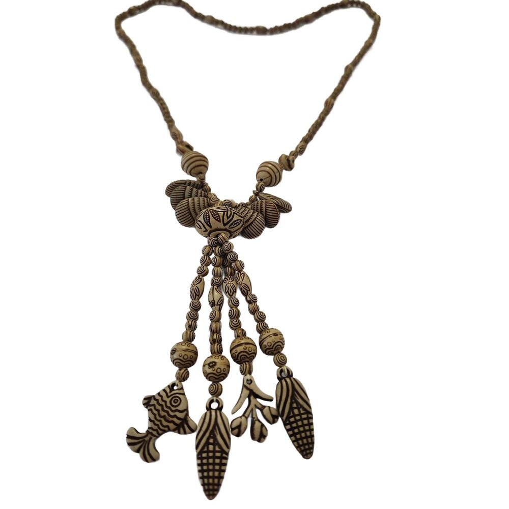 Vintage Tasseled Necklace with Fish and Botanical Charms, 1970s